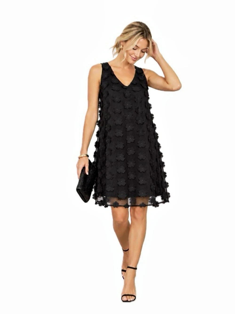 5 twelve, Floral Mini Dress in Black appliqué 3-D flowers, Size Small EUC